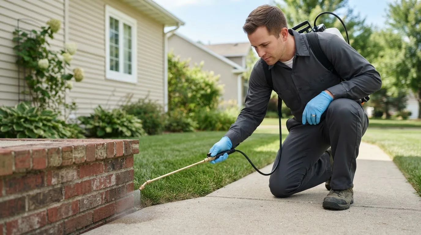 Pest control technician treating a home near Clyde, OH