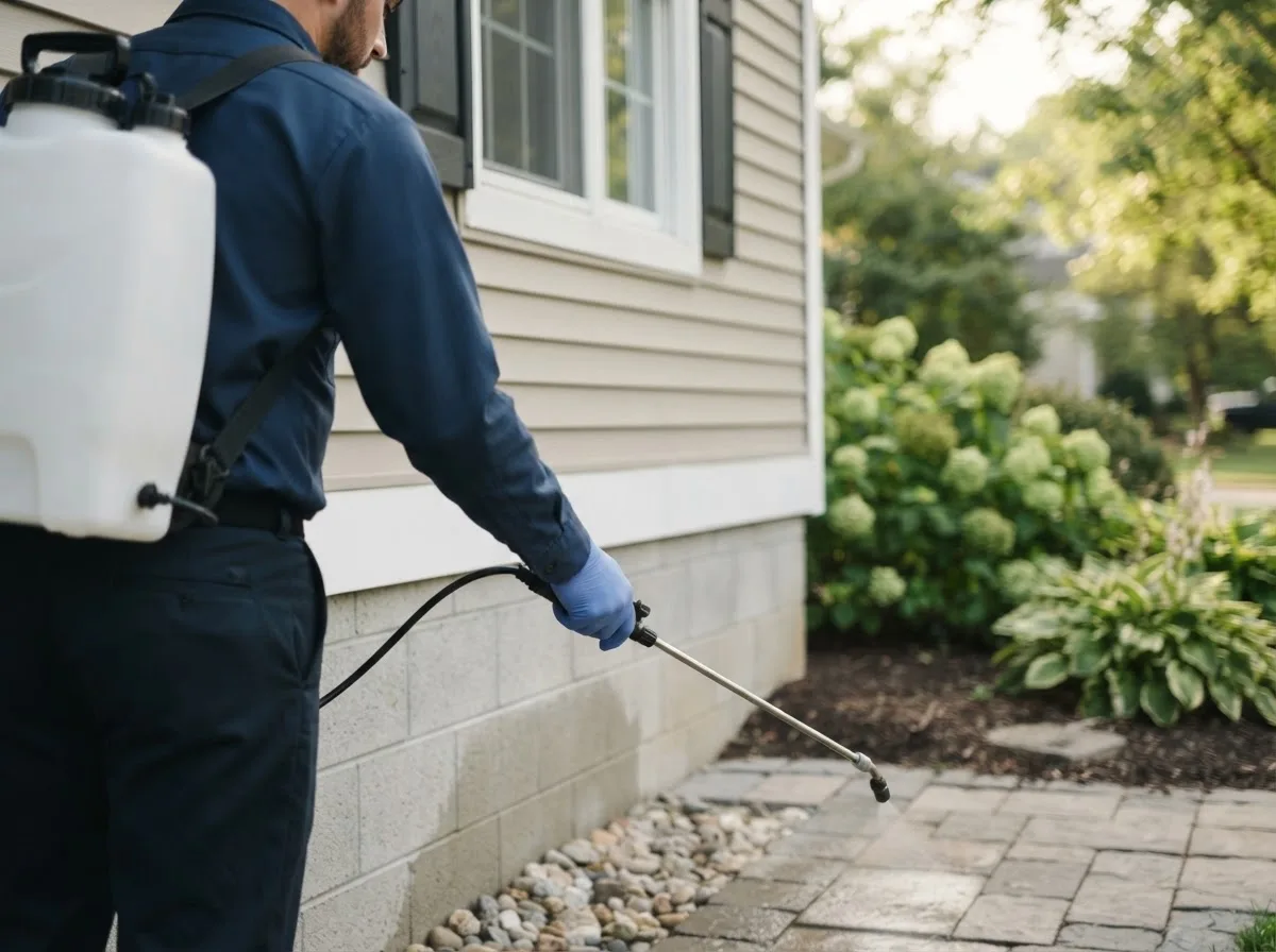 Pest control technician inspecting a home in Clyde, OH